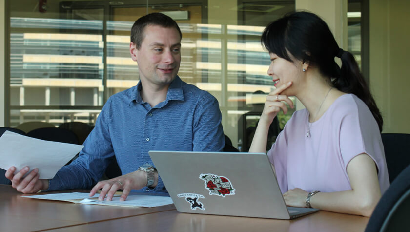 Kevin Look and lab member Namyo Kim discuss pharmacy health care policy