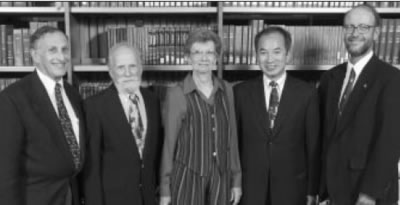 UW Citations recognized outstanding alumni Kenneth Connors (2nd from L.), Ruth Havemeyer, Vincent Lee, and John Bohlman. They were presented by Dean Mel Weinswig (L.)