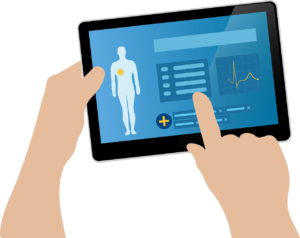 graphic of hands holding a tablet with EHR information displayed