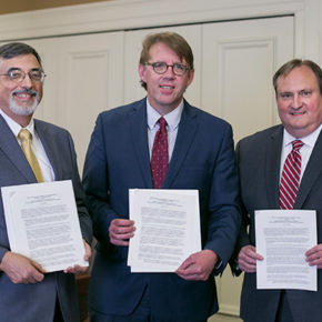 AIHP and WHS representatives sign an Memorandum of Understanding (MOU) at the Wisconsin Historical Society in Madison, Wisconsin on June 16, 2017 : Greg Higby, Matthew Blessing, Dean Steven M. Swanson