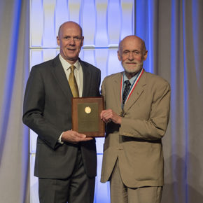 Palmer Taylor (right) accepts the 2017 AACP Volwiler Research Achievement Award from Joseph T. DiPiro, Pharm.D., Dean and Archie O. McCalley Chair, Virginia Commonwealth University School of Pharmacy; and 2016-2017 AACP President.