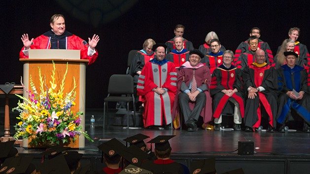 Dean Steve Swanson at the 2018 Hooding Ceremony.