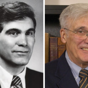 Black and white photo of George Zografi from when he was younger side-by-side of current picture