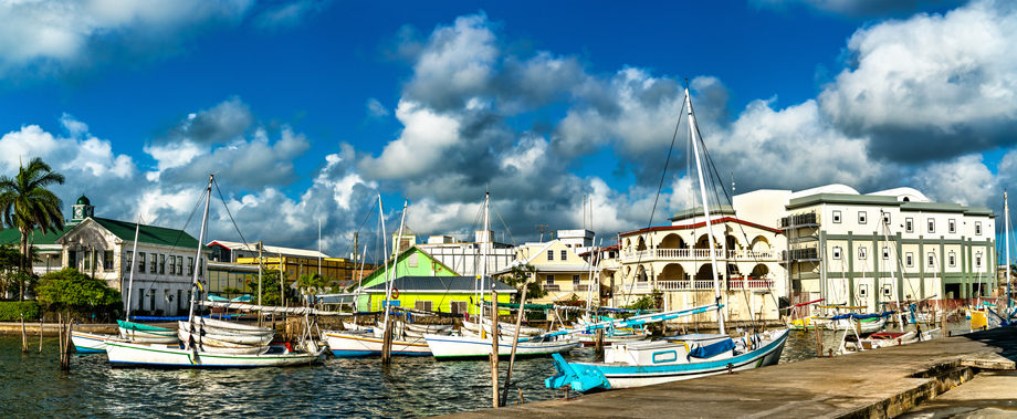 Houses and yachts in the centre of Belize City, the largest city of Belize