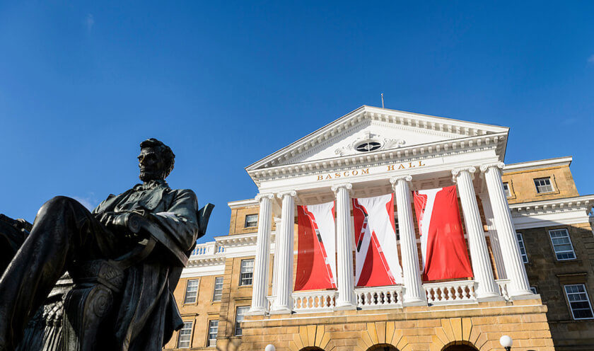 Photograph of Lincoln statue and the front of Bascom Hall
