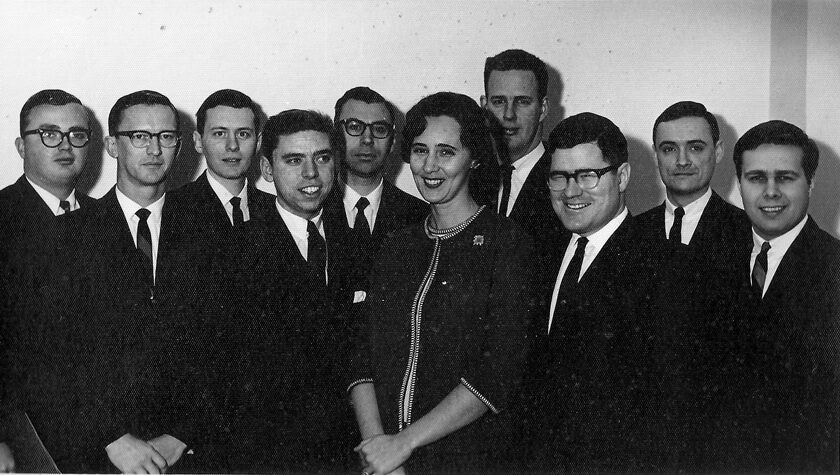 Black and white photo of the Lost Boys of Pharmacology with their research mentor Professor Coryce Haavik.