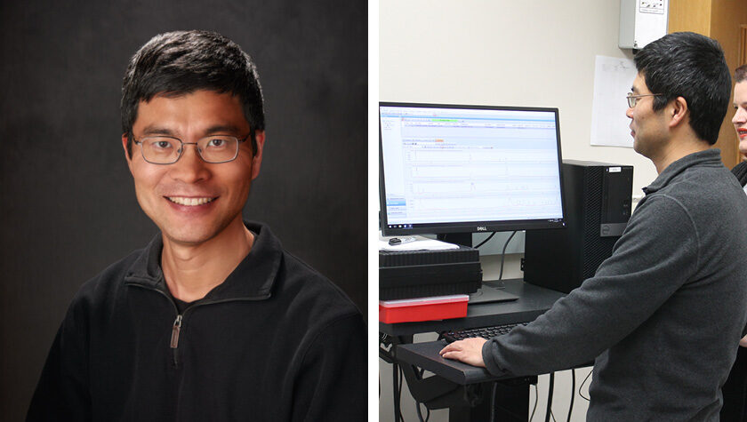 Professor Weiping Tang, a headshot of him side-by-side with a photo of him working on a computer.