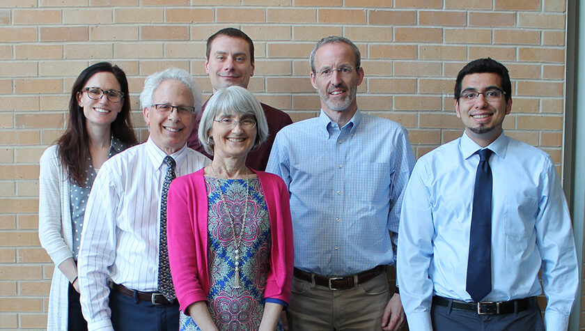 (Left to right) Associate Professor Casey Gallimore, Associate Professor Bob Breslow, Assistant Professor Kevin Look, Professor Mara Kieser, Professor David Mott, and Assistant Professor Ed Portillo, all standing together for a group photo