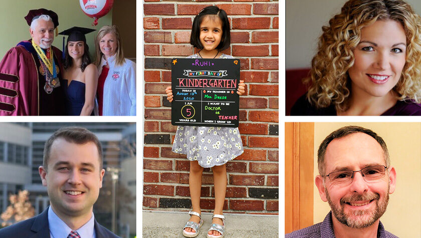 alumni collage: George MacKinnon in graduation robes with his granddaughter, headshots of Brandon Harkonen, Lani Brinkmann Bertrand, and John Davis. As well as Maithili Deshpande's daughter's first day of kindergarten.