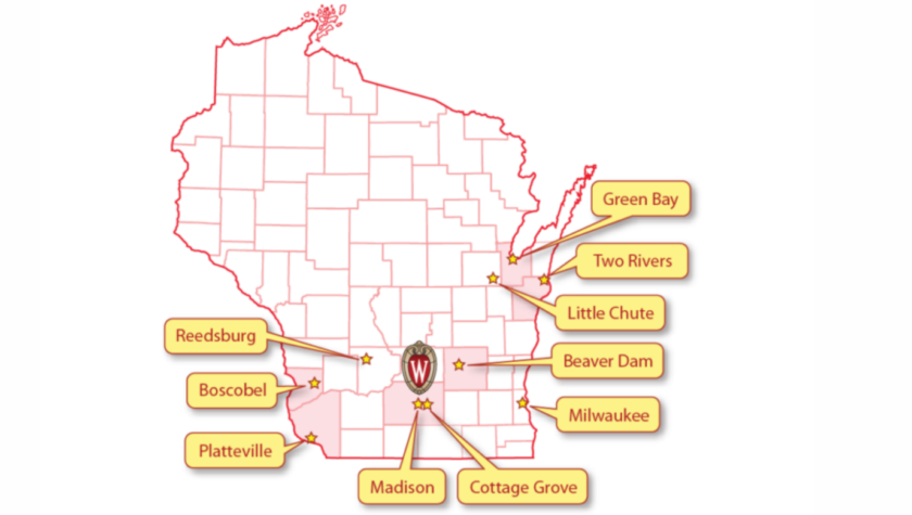 Wisconsin county map indicating all the practice sites for the community pharmacy residency program