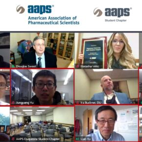 AAPS held a virtual Student Chapter Awards Reception on November 2 to honor the recipients. UW attendees are highlighted in red: Student Chapter members Zhenxuan Chen, Junguang Yu, Adam Kositzke, and Yuhui Li, with Faculty Advisor Lian Yu