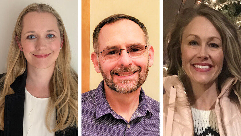 portraits of Heather Hestekin (PharmD ’13), John Davis (BS ’90), and Justine McClelland (PharmD ‘11)