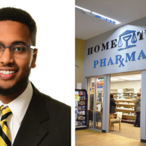 portrait of Ahamed Ahamed and a photo of the Hometown Pharmacy storefront