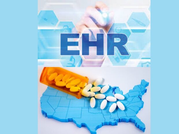 EHR text next to opioids bottle spilled over illustration of America