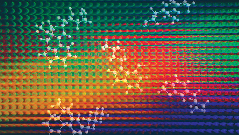 Molecules float in front of a psychedelic geometric pattern of dots.