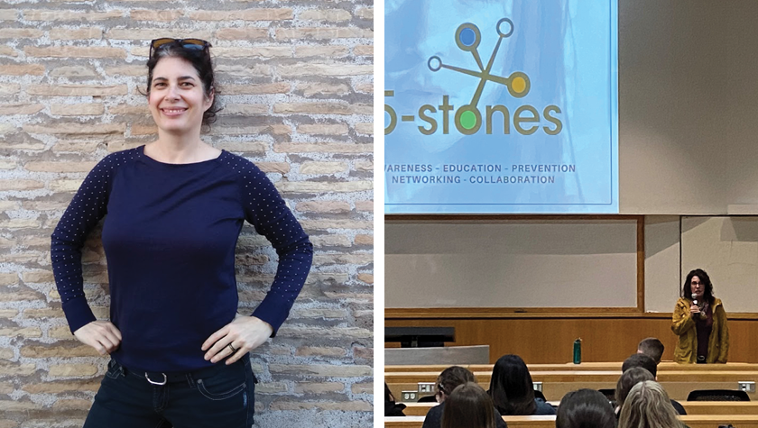 portrait of Julie Thiel next to a photo of her presenting to a classroom of students