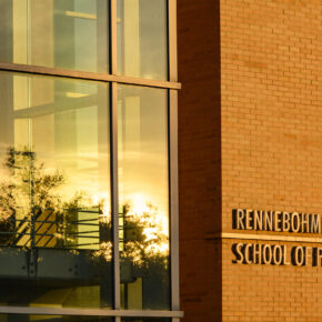 Rennebohm Hall lit up by the light of the setting sun