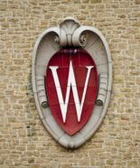 W crest emblem on the Field House from inside of the Camp Randall Stadium