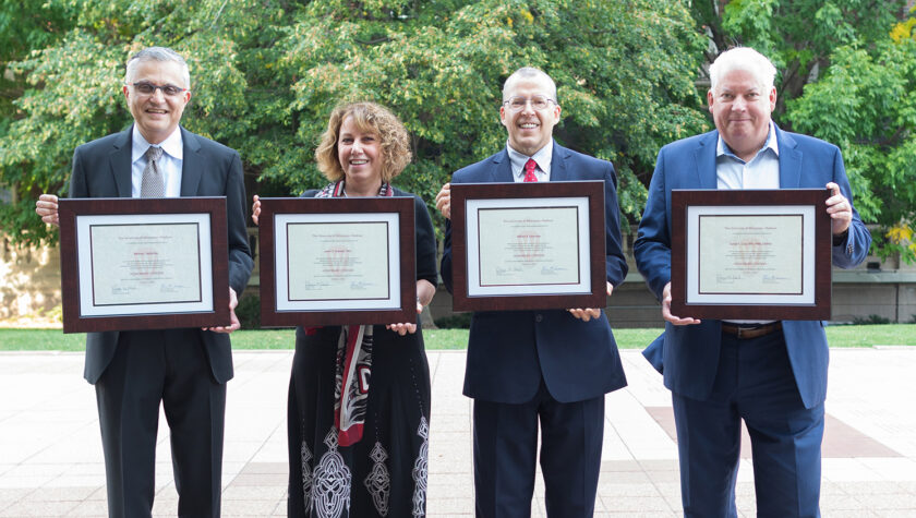 The School of Pharmacy’s 2021 Citation of Merit recipients: Mehran Yazdanian (MS ’88, PhD ’90), Jayne Hastedt (MS ’88, PhD ’90), Bill Doucette (BS ’83, MS ’88, PhD ’93), and Dan Luce (BS ’81).