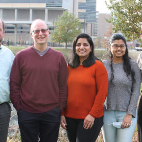 Jay Ford (left), assistant professor in the School of Pharmacy's Social and Administrative Sciences Division, with members of the Ford Research Group (left to right): senior scientist Aaron Gilson, Health Services Research in Pharmacy graduate students Arveen Kaur and Deepika Rao, and researcher Michele Gassman.