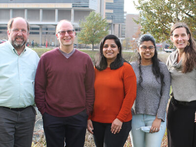 Jay Ford (left), assistant professor in the School of Pharmacy's Social and Administrative Sciences Division, with members of the Ford Research Group (left to right): senior scientist Aaron Gilson, Health Services Research in Pharmacy graduate students Arveen Kaur and Deepika Rao, and researcher Michele Gassman.