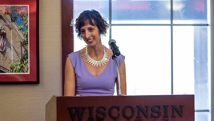 Allison Gardner (BS '99) speaks at the School of Pharmacy's 2022 Pharmacology and Toxicology Graduation Breakfast. | Photo by Ingrid Laas