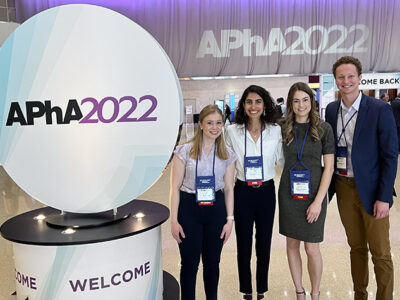 PharmD students Taylor Shufelt, Nassim Sarkarati, Bailey Stevenson, and Luke Schwerer at the 2022 American Pharmacists Association Annual Meeting.