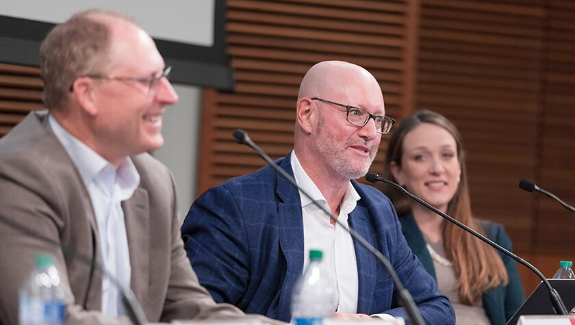 Steve Rough speaks during the panel discussion, between Kristin Tiry and Chris Hatwig