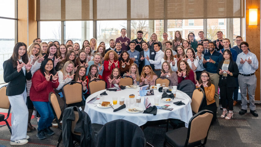 A group photo of PharmD student scholarship recipients, with Chancellor Jennifer Mnookin, at the 2022 Scholarship Brunch.