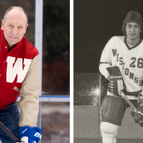 Ed Lebler poses in hockey gear, side-by-side images from 2023 and 1979