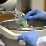 A close-up of the rotary evaporator shows the glass chambers used to heat and concentrate samples.