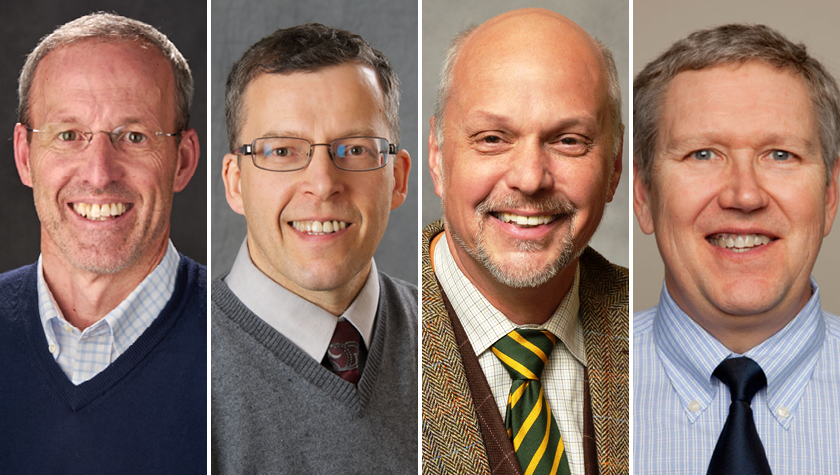 Portraits of Professor David Mott (BS ’88, MS ’92, PhD ’95), Bill Doucette (BS ’83, MS ’88, PhD ’93), Jon Schommer (BS ‘85, MS ‘89, PhD ‘92), and School of Pharmacy Professor Emeritus Dave Kreling.