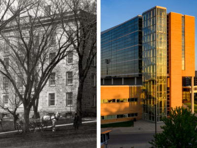 A black-and-white photo of South Hall on the UW-Madison campus is on the left, featuring a horse and cart, and a color image of Rennebohm Hall is on the right.