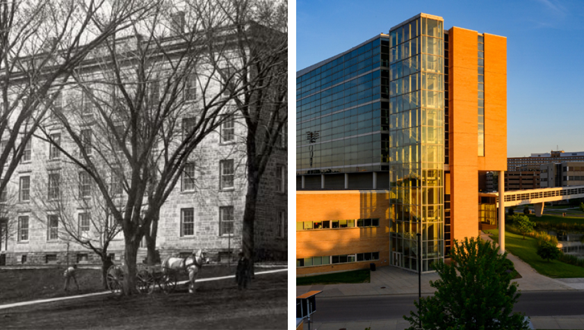 A black-and-white photo of South Hall on the UW-Madison campus is on the left, featuring a horse and cart, and a color image of Rennebohm Hall is on the right.