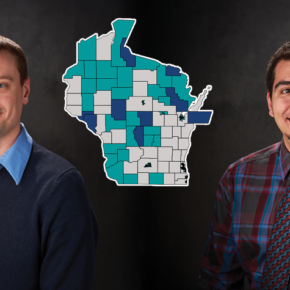 Kevin Look and Ed Portillo, with a teal, blue, and green map of Wisconsin between them