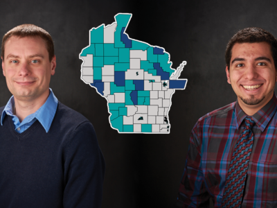 Kevin Look and Ed Portillo, with a teal, blue, and green map of Wisconsin between them