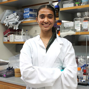 Samira Pal, PharmTox student, smiles in the Hu Lab