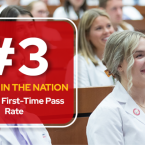 A graphic with a red box holding text overlaid on a photo of the Class of 2024's pinning ceremony. The text reads "#3 highest in the nation. NAPLEX first-time pass rate"