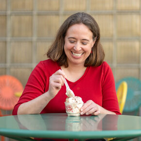 Kim Lintner eating ice cream at the Memorial Union Terrace