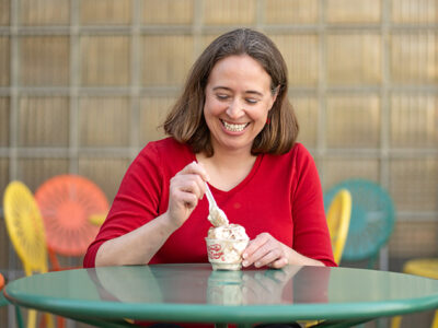 Kim Lintner eating ice cream at the Memorial Union Terrace