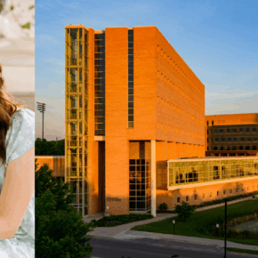 Kate Grunske portrait and a photo of Rennebohm Hall