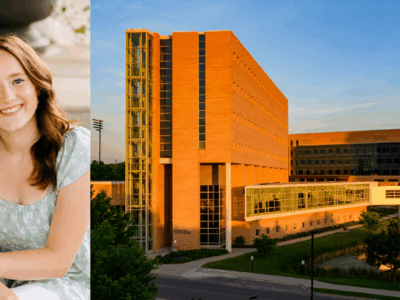 Kate Grunske portrait and a photo of Rennebohm Hall