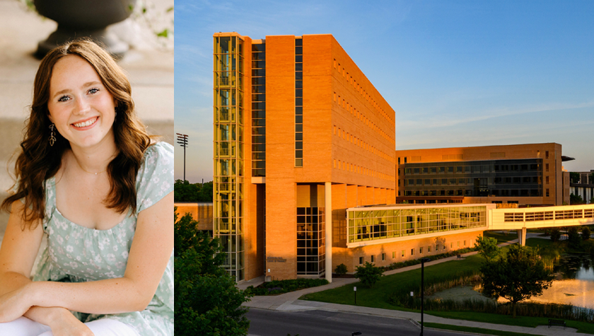 Kate Grunske portrait and a photo of Rennebohm Hall