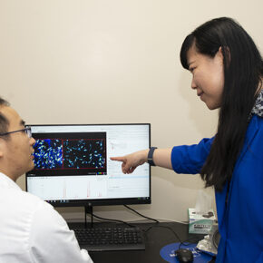Lingjun Li and Hua Zhang working at a computer