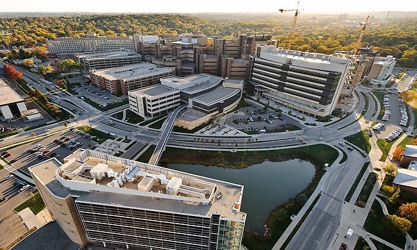 An aerial view of the western portion of the UW-Madison campus. Pictured (clockwise from bottom) are Rennebohm Hall, the Veterans Administration Hospital, UW Hospital and Clinics, Wisconsin Institutes for Medical Research and Health Sciences Learning Center (center).