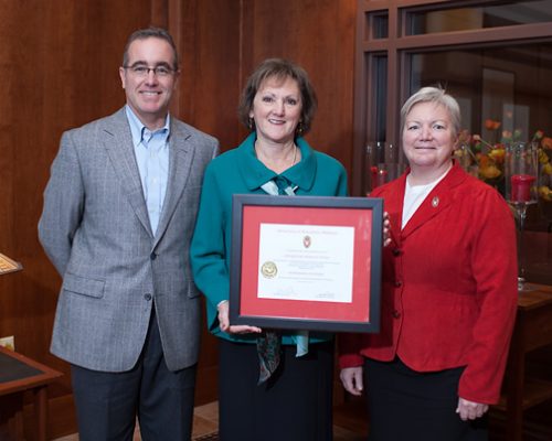 Dr. Jackie Nowicki Pyter(center) with Dean Jeanette Roberts (right) and Brian Mc Ilhone (left)