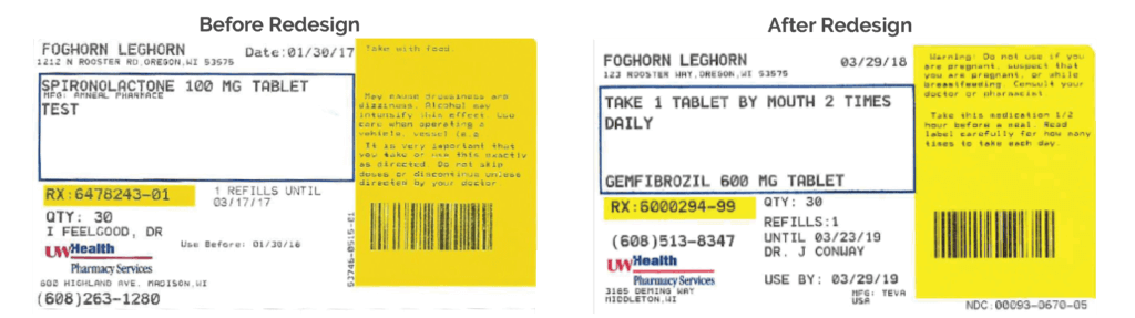 Redesign prescription medication label before and after.