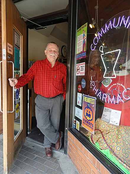 Richard Kilmer in the Community Pharmacy doorway