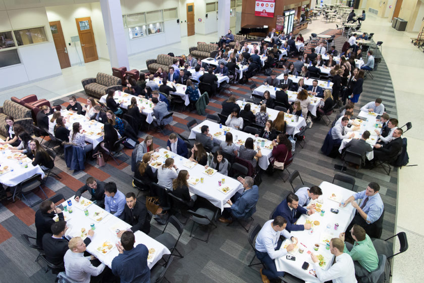 Overhead shot of students dining at tables