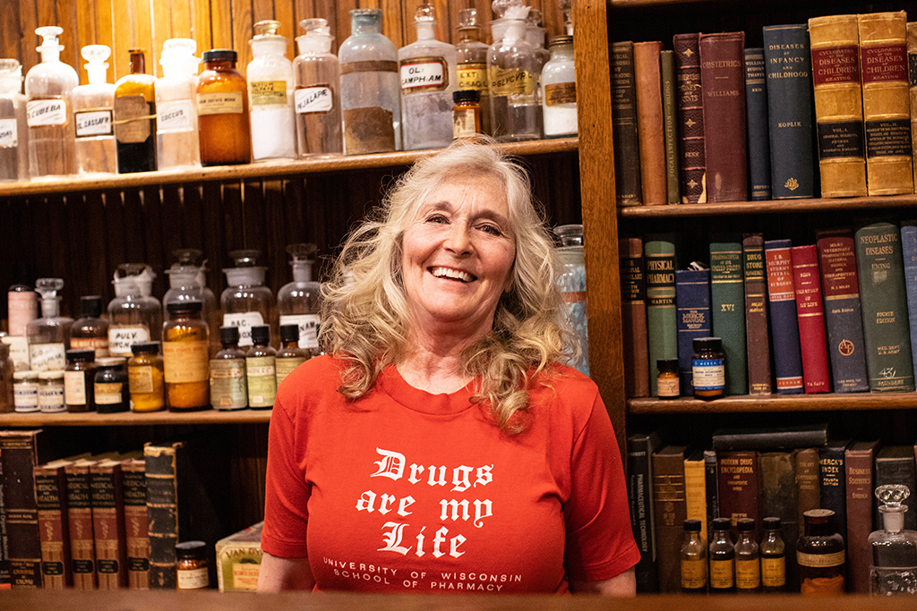 Nancy Haggar in a School of Pharmacy shirt.
